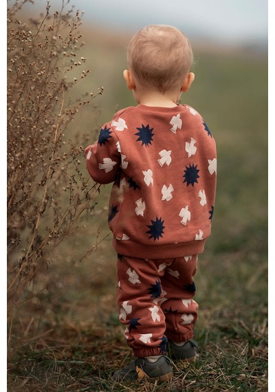 Antebies Organik Gots Sertifikalı Gün Batımı Kuş & Güneş Desenli, Uzun Kollu, Ribanalı Sweatshirt, Bel Lastikli Bağcıklı Pantolonlu Bebek Takımı Turuncu