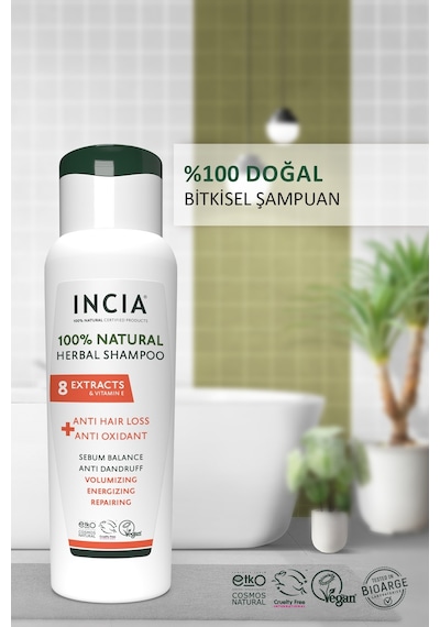 INCIA %100 Doğal Saç Dökülmesine Karşı Etkili Şampuan 8 Değerli Bitki Eki Vegan  275 ML
