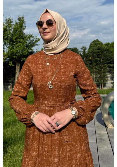 Rabia Şamlı Kot Efektli Elbise Kiremit Normal