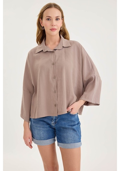 Vitrin Düşük Omuz Oversize Crop Gömlek VİZON