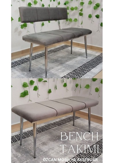 Özcan Metal Bench Sırtlı Krom Metal Ayaklı Mutfak Salon Antre Yatak Odası Puf Bank Oturak Takımı Gri
