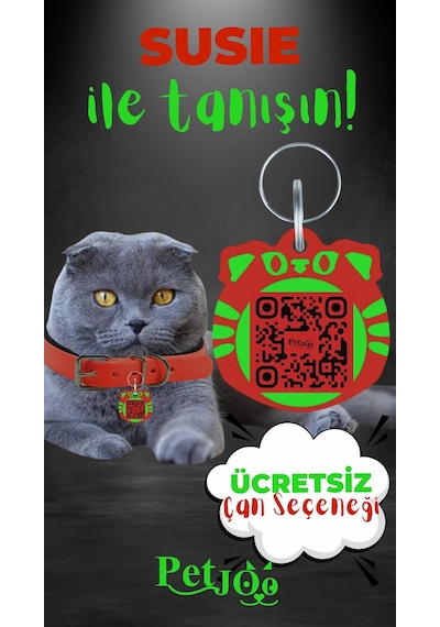Petjoo 3.Susie Yeşil-Kırmızı Qr'lı Kedi Künyesi