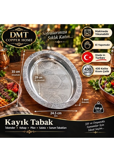 430 Kalite Krom Çelik 1 Adet İşlemeli Kayık Tabak 35 Cm İskender, Kebap, Pilav Ve Salata Sunum Tabağı Gümüş