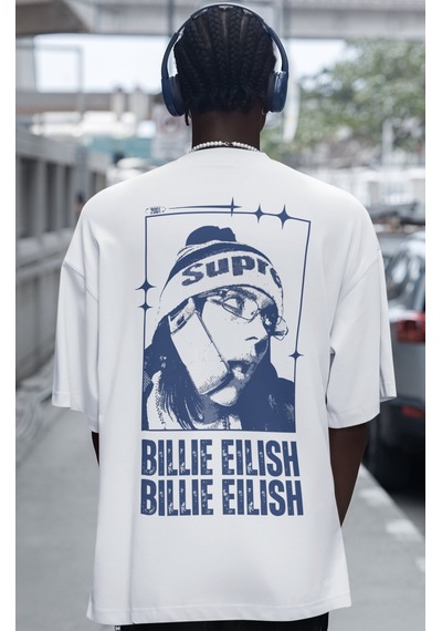 Sevbano Tasarım Billie Eilish Şarkıcı Sırt Baskılı Unisex Oversize Tişört Beyaz