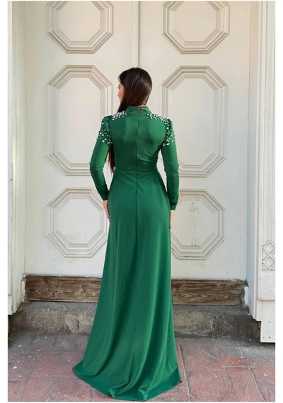 Emvera Kadın Yeni Sezon Dik Yaka Taş Detaylı Uzun Kollu Elbise Zümrüt