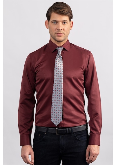 Tudors Modern Slim Fit Düz Saten Pamuklu Erkek Bordo Gömlek-23101-bordo Bordo