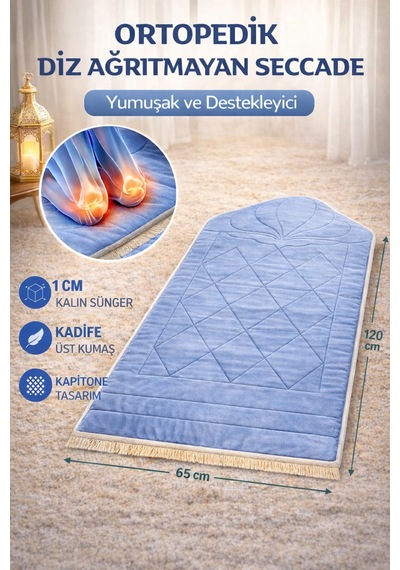 Ortopedik Diz Ağrıtmayan Kapitone Tasarım Hediyelik Çeyizlik Seccade 1cm Sünger 65 120 Ebat Mavi