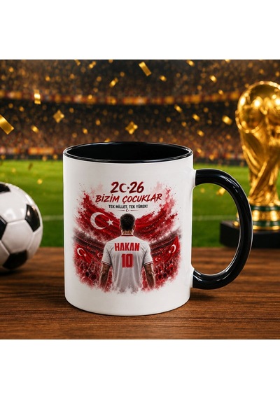 Bk Gift Kişiye Özel Türkiye Taraftar Temalı 2026 Dünya Kupası Tasarımlı Siyah Kupa Bardak -2, Tek Yürek Milli Takım Ruhu Beyaz