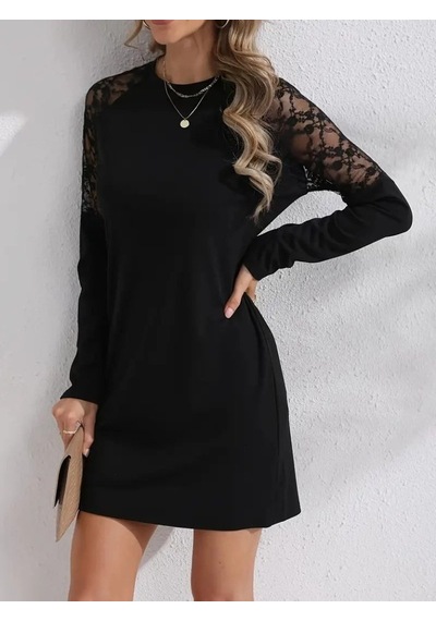 Moderie Butik Kadın Uzun Kollu Bisiklet Yaka Dantel Detaylı Visk8n Iki Iplik Düğmeli Mini Elbise Siyah