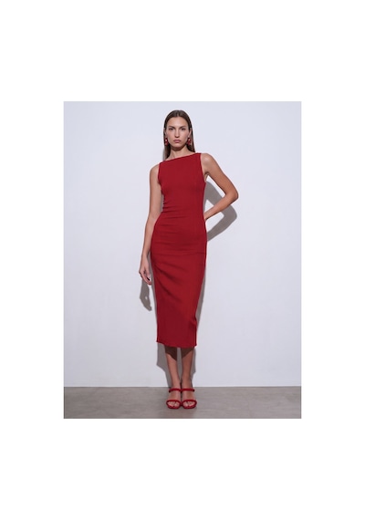 Dilvin 91099 Extra Slim Fit Midi Elbise-kırmızı-16464