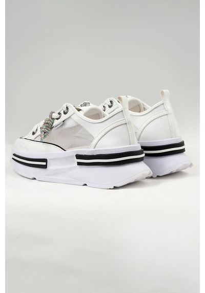 Tw Tonny White Tokyo - 172 Tül Detaylı Keten Sneakers Topuk Boyu 6cm Beyaz