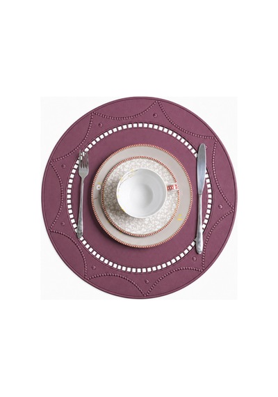 Nakışlı Deri Amerikan Servis 2'li Set Çift Taraflı Yuvarlak Supla 42x42 Cm Bianca Bordo