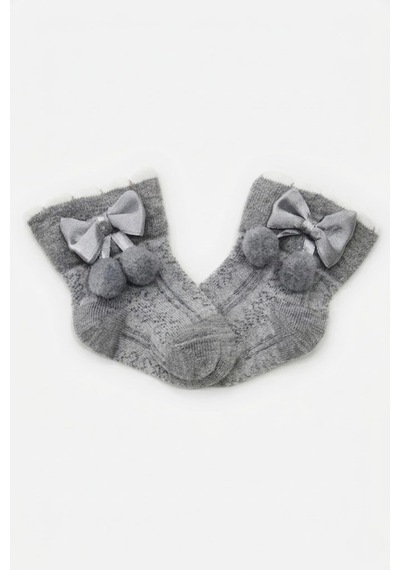 Cocole Socks Kız Çocuk Aksesuarlı Soket Çorabı Tekli Pamuklu Ponponlu Gri Desenli