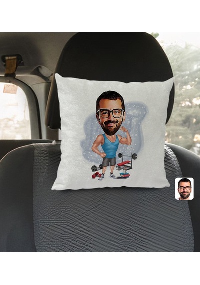 Bk Gift Kişiye Özel Fitnesscı Karikatürlü Kare Araç Koltuk Yastığı-1 Çok Renkli