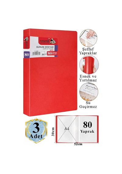 Kırmızı Sunum Dosyası 80 Li 3 Adet Poşet Dosyalı Katalog Dosyası 80 Poşetli Kendinden Dosya Plastik Kapaklı Kırmızı