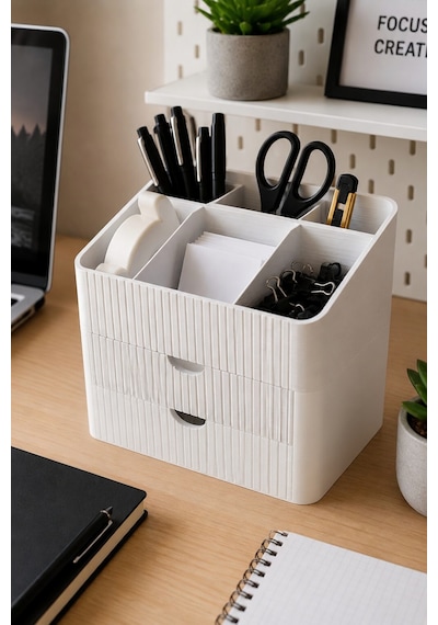 Modern 6 Bölmeli 2 Çekmeceli Masaüstü Organizer Makyaj Ofis Ve Mutfak Düzenleyici Saklama Kutusu Beyaz