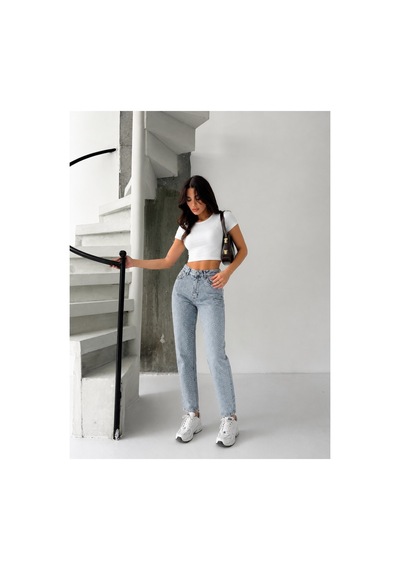 Kene Jeans Buz Kar Bacak Taşlı Mom Jeans Mavi