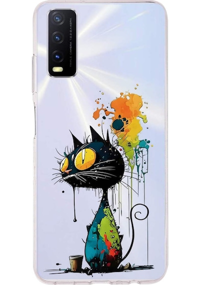 Vivo Y20s İle Uyumlu Splash Kedi Tasarımlı Şeffaf Silikon Kılıf Şeffaf