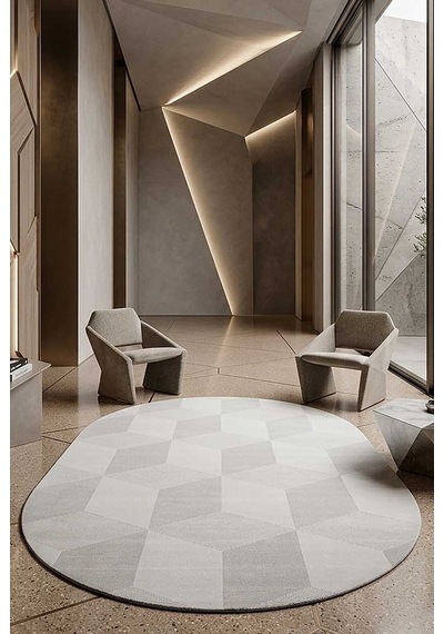 Geometrik Küp Desenli Prato İpeksi Lüks Viskon Oval Halı Pr02 Gri