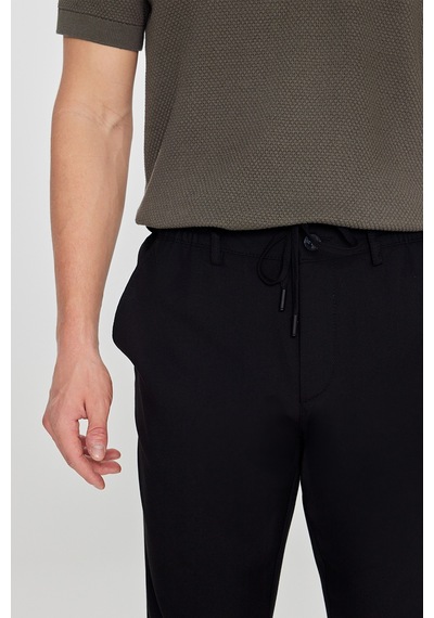Erkek Sıyah Slim Fit Dar Kesim Beli Bağlamalı Yan Cepli Pantolon Siyah