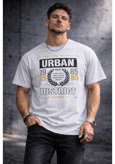 Herkesemoda Dıstrict Yazı Detaylı Basic T-shirt Gri