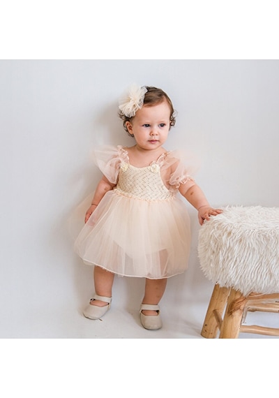 Clara Romantik Kız Bebek Romper Bej