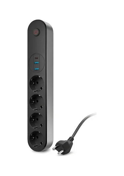 4 Lü Akım Korumalı Priz 2500w 10a 2 Usb + Type-c 2m Uzatma Kablosu Çoklu Şarj Siyah