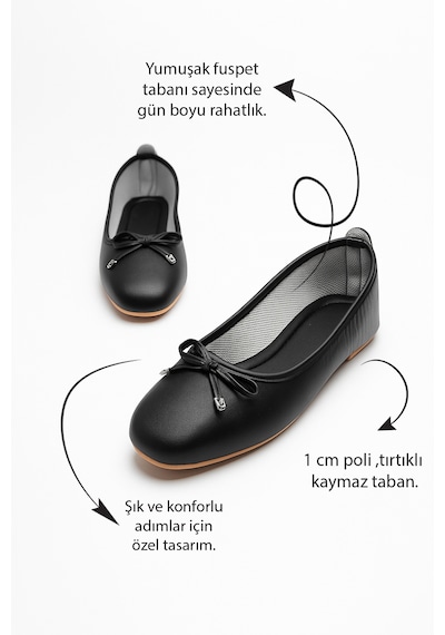 Günlük Kadın Babet Oval Burunlu Fiyonklu Rahat Kalıp Tırtıklı Taban Balerin Ayakkabı 112 Siyah