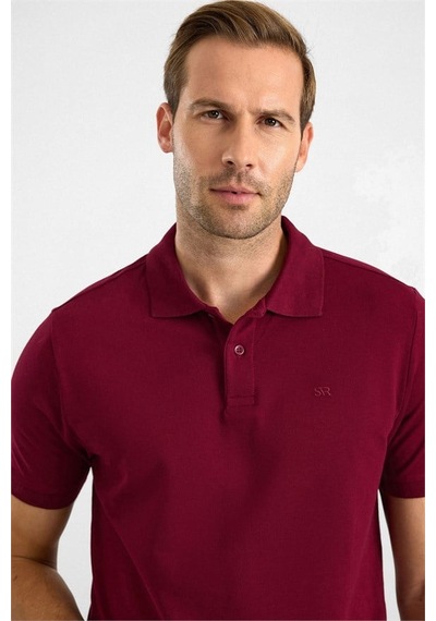 Süvari Koyu Bordo Slim Düz Nakışlı Pike Düğmeli Polo Yaka Tişört Ts1014000474-k09