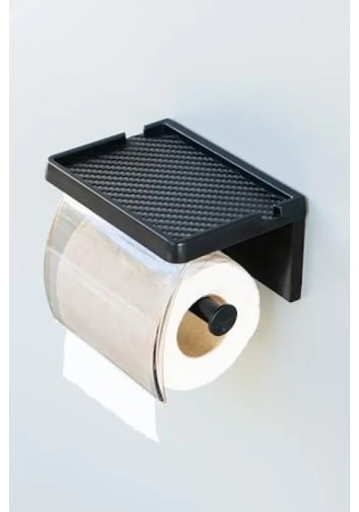 Yapışkanlı Kapaklı Tuvalet Kağıdı Askısı, Plastik Organizer, Siyah 16.5 x 12.2 x 11.2 CM