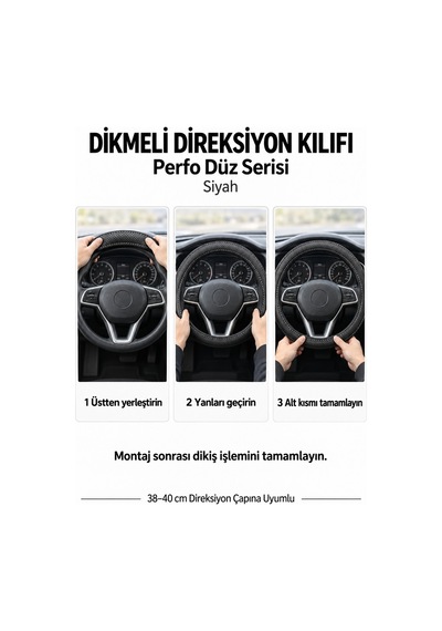 Trobus Volkswagen Taigo 2021-2025 Uyumlu Dikmeli Direksiyon Kılıfı Perfo Düz Delikli Deri Siyah