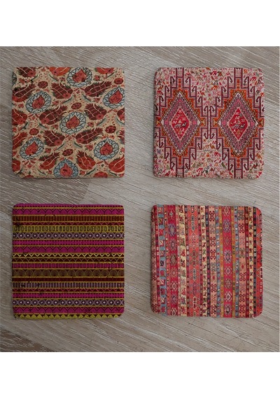 Osmanlı Kumaş Desenleri Doğal Taş Bardak Altlığı 4'lü Set - Natural Stone Coasters-174233 Çok Renkli