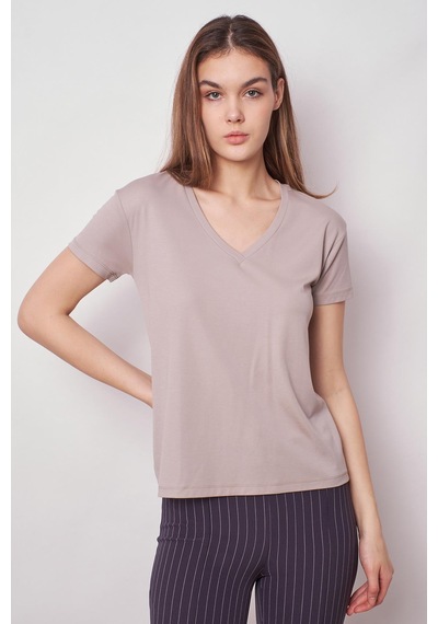 Jument Kadın V Yaka Kısa Kol Likralı Kumaş Şık T-shirt Bluz-gri Gri