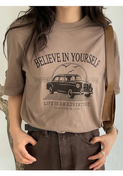 Flood Of Style Kadın Açık Kahve Belıeve Baskılı Bisiklet Yaka Tshirt Lacivert