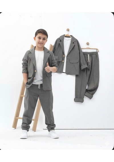 Zelhanjunior Erkek Çocuk Keten Takım Elbise 3 Parça Açık Gri