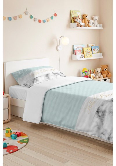 Modern Mermer Mint Genç Odası Tek Kişilik Pike Takımı - Gri Beyaz 160x220 Cm Kapitone Yatak Örtüsü Kadife Yosun Baharı