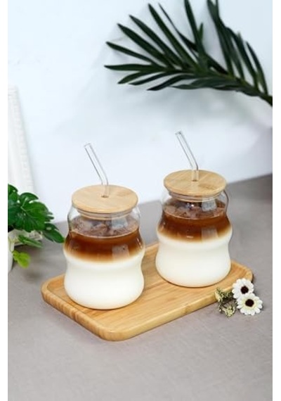 Bambu Kapaklı Cam Pipetli 450 Ml Borosilikat Bardak