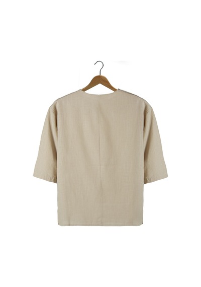 Erkek Krem Fakir Kol Keten T-shirt Krem