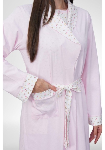Mecit Pijama Mecit 6383 Pembe Kadın Uzun Sabahlıklı Kısa Kollu Gecelik Takımı