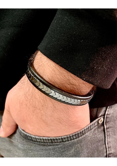 Deri Hematit Kombin Erkek Bileklik Boyut Net 22cm Siyah - Gri