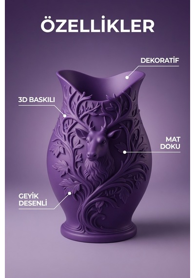 3d Baskılı Geyik Desenli Dekoratif Vazo 15 Cm Mor