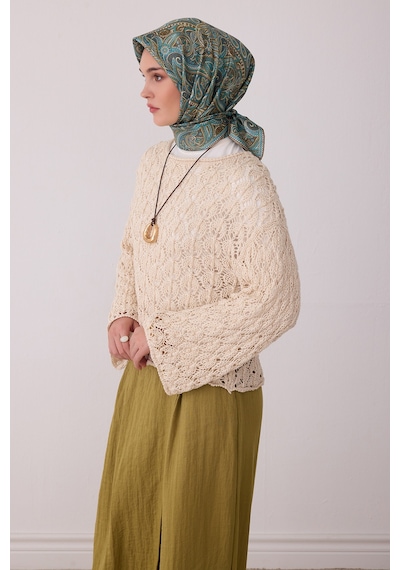Belli Etnik Desen %100 Twill İpek Eşarp Be04 Haki Yeşil