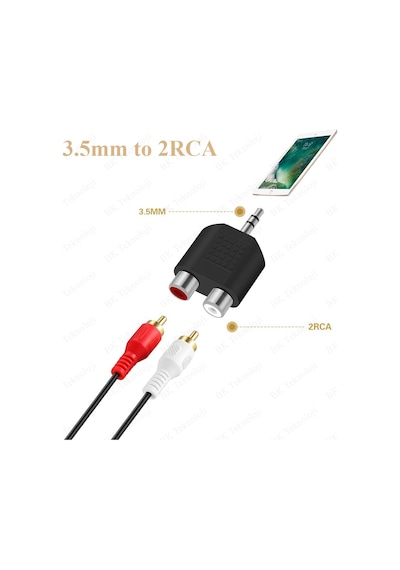 Stereo Ses Konektörü 3.5 mm Erkek Jak - 2 RCA (R+L) Dişi Ayırıcı