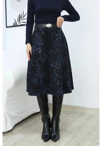 Lodmela Baskılı Ve Kemerli Kadife Etek 6069-siyah/indigo Siyah/indigo
