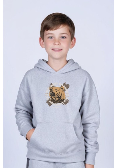 Panios Kids Kapüşonlu Kanguru Cepli Beear Baskı Detaylı Erkek Çocuk Sweatshirt Gri