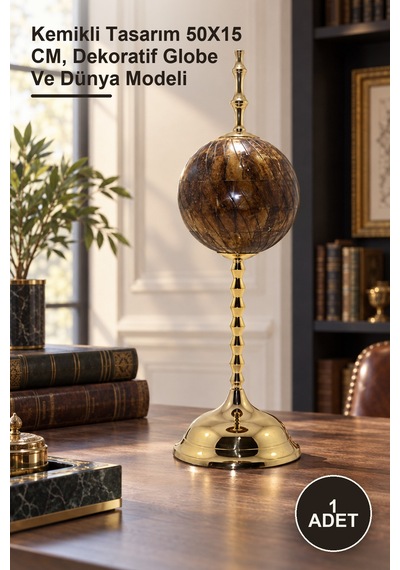 1 Adet Pirinç Dünya Küresi Kemikli Tasarım 50x15 Cm, Dekoratif Globe Ve Dünya Modeli