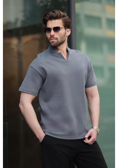 Madmext Füme Polo Yaka Erkek Basic T-shirt E7145 Füme