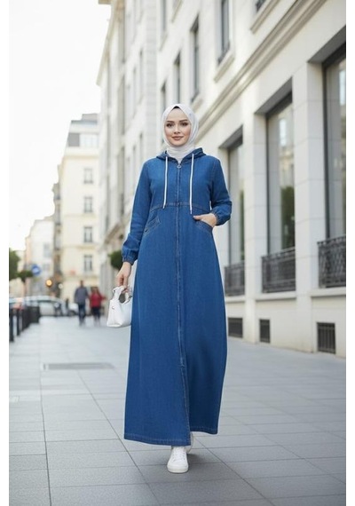 Hb Harma Time Butik Kadın Kapüşonlu, Fermuarlı Ve Cepli Koyu Kot Mavi Kap Koyu Mavi