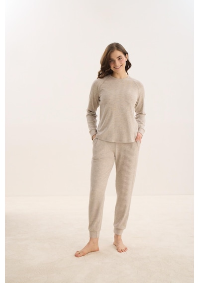 Sevim Kadın Uzun Kol Bej Mlelanj Pijama Takım C5t7n0o61 001