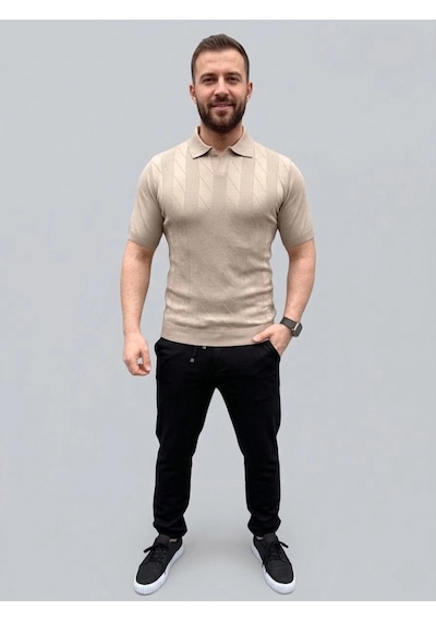 Erkek Yazlık Triko Dokuma Tişört Kısa Kol Polo Yaka T-shirt - Bej